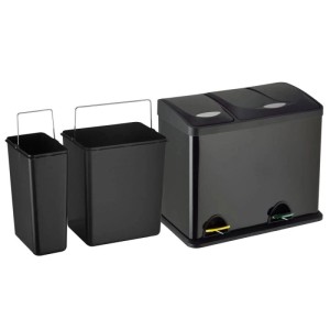 Schwarzer 26L Mülleimer aus Stahl mit 2 Fächern (8L+18L) und farbigen Pedalen zur Mülltrennung. Inkl. zwei Inneneimer.