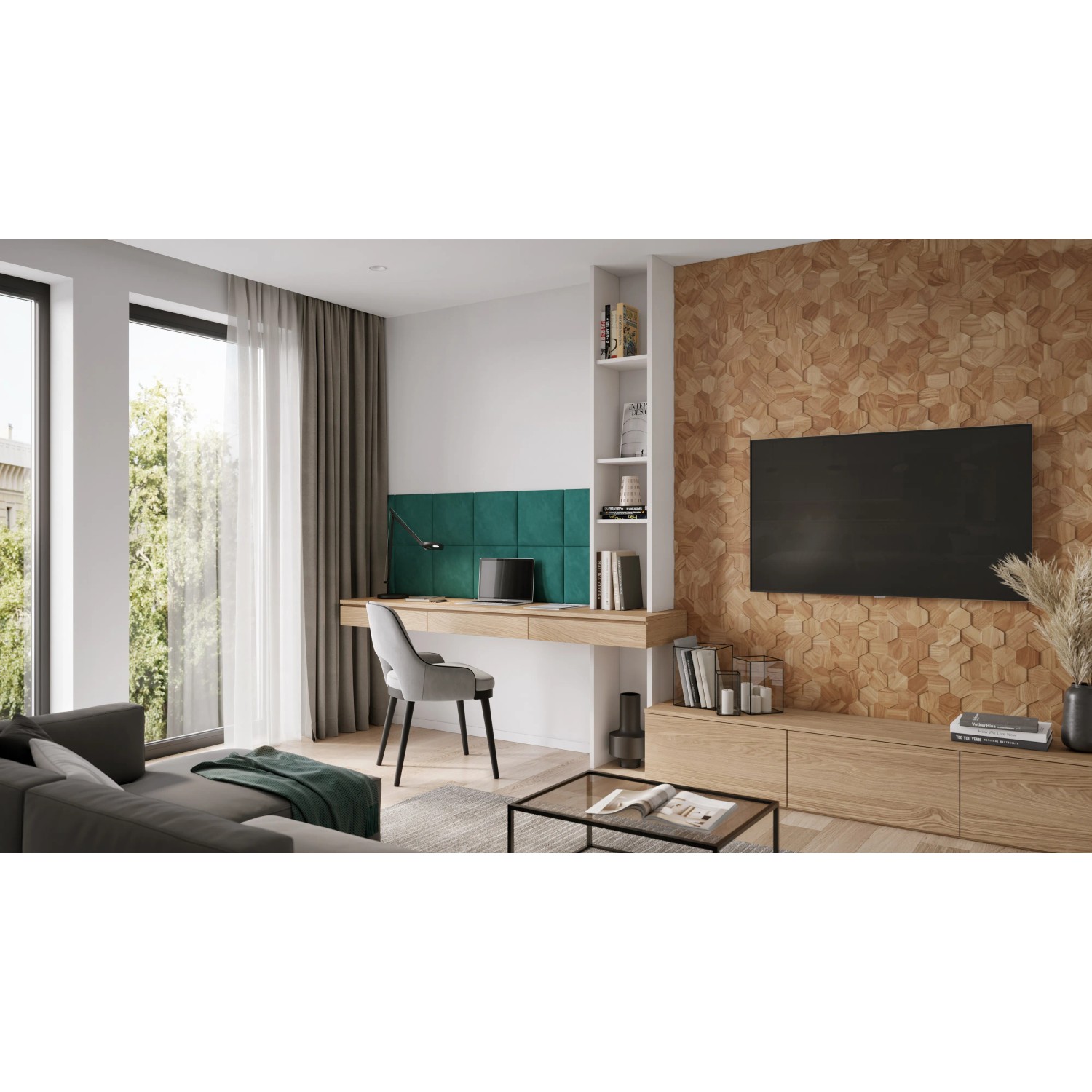 Wohnraum mit braunen Rebel of Styles Holzverblendern UltraWood Teak Hexagon an der Wand.
