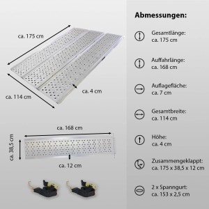 DREIBREIT 3-fach Auffahrrampe, klappbar, 175cm, Alu, gelocht, mit Spanngurten. Zubehör für Autoanhänger.