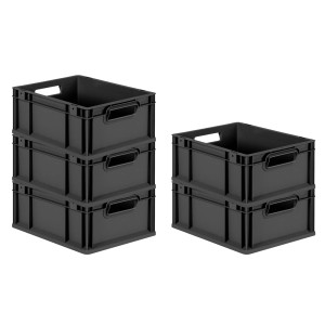 PROREGAL SparSet 5x Eurobox Nextgen Grip HxBxT 17x30x40cm 16 Liter Griffe Offen Schwarz Eurobehälter Transportbox Transportbehälter