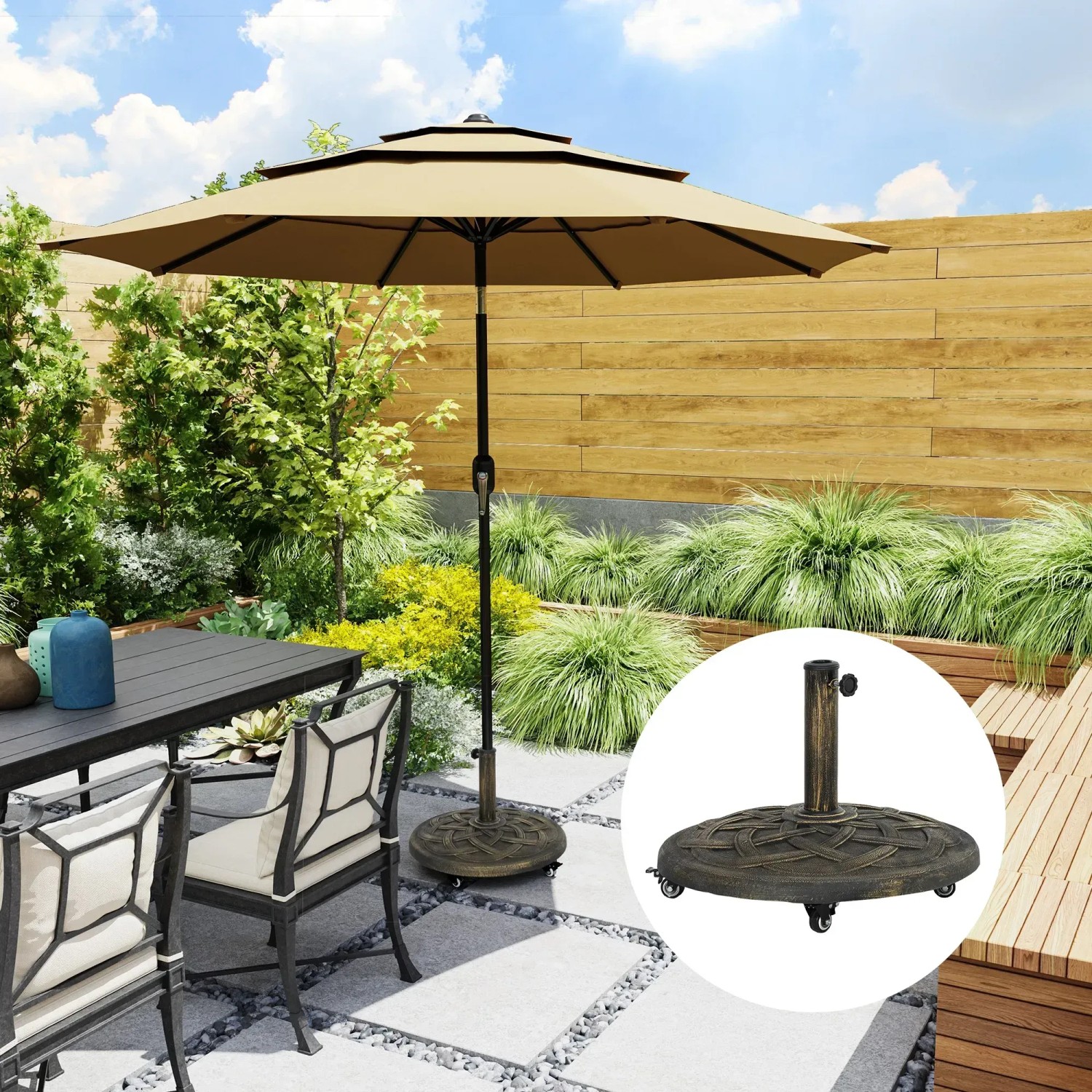 Outsunny Sonnenschirmständer aus Harz und Metall in Bronze mit Schirm und Gartenmöbeln.