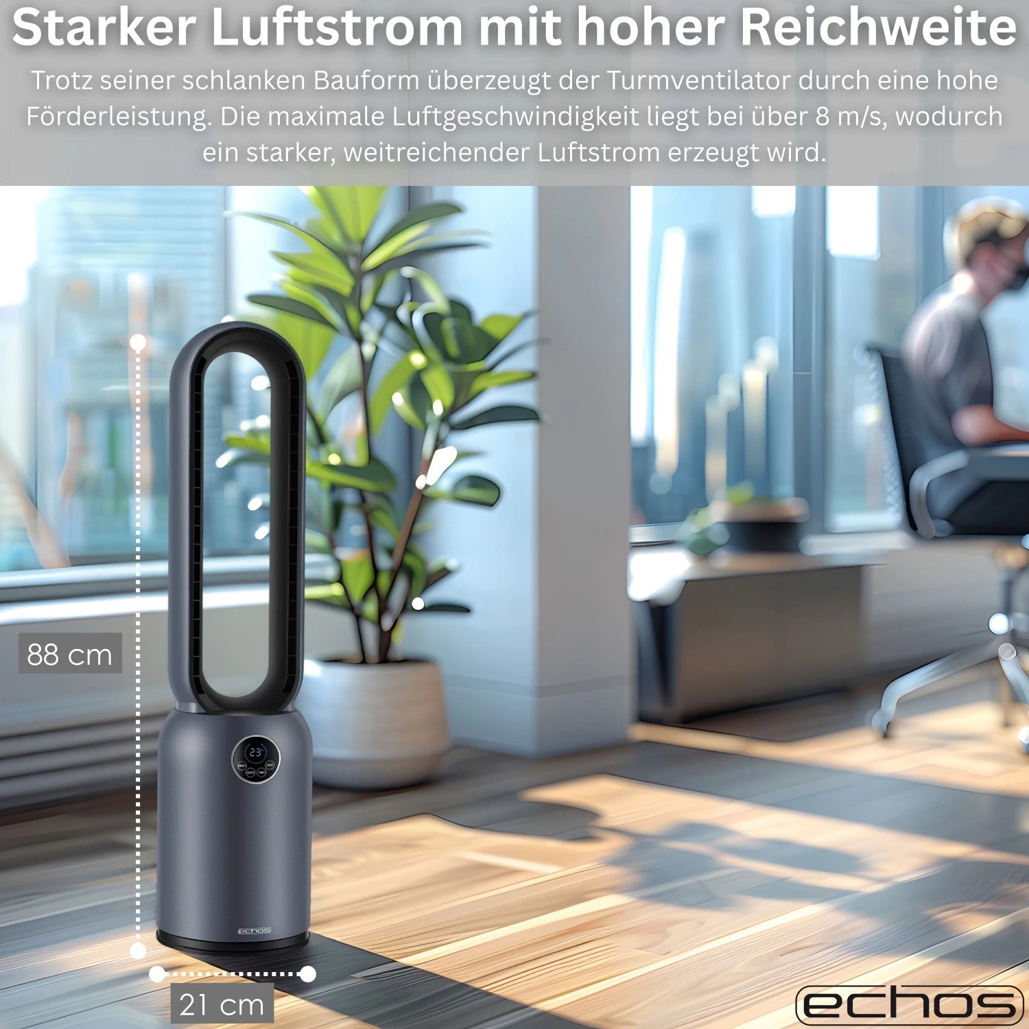 Echos Eco-1220 Turmventilator mit Fernbedienung 12h Timer 24 Stufen HEPA Filter_7