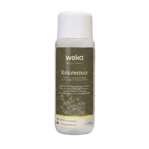 WekaPur Sauna-/Dampfbadduft Kräuter Mix, 250ml Flasche mit grünem Etikett und Kräuter-Motiv. Hochkonzentrierter Aufguss.