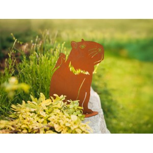 Rostbraune Capybara Deko-Figur aus Metall mit Vogel, 44x37cm, für die Gartendekoration.