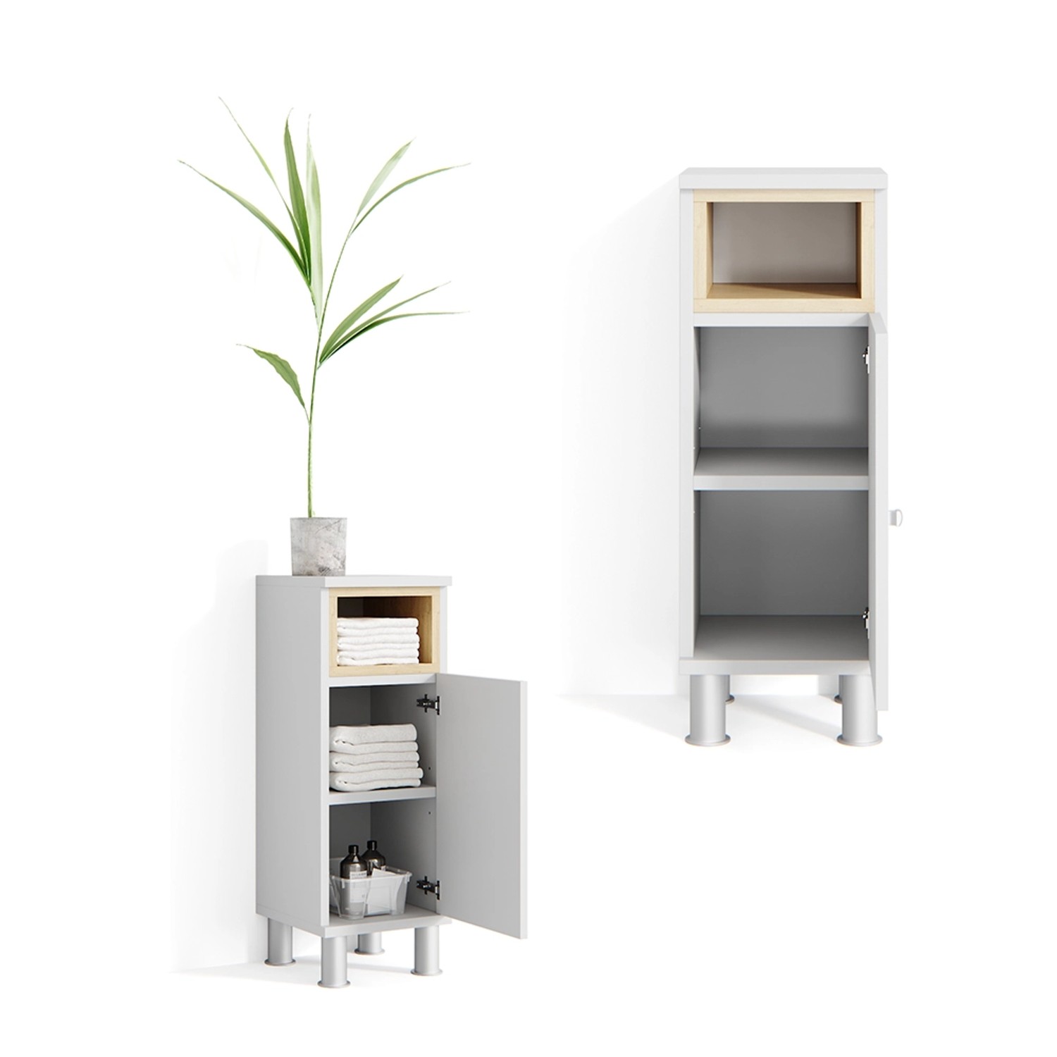 Vicco Midischrank Aquis in Weiß/Sonoma mit Tür und Ablagen für Badutensilien.