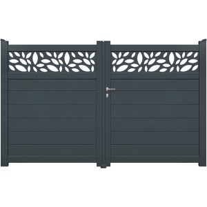 Graues Aluminium Gartentor Alabama mit Blattmuster im oberen Bereich.