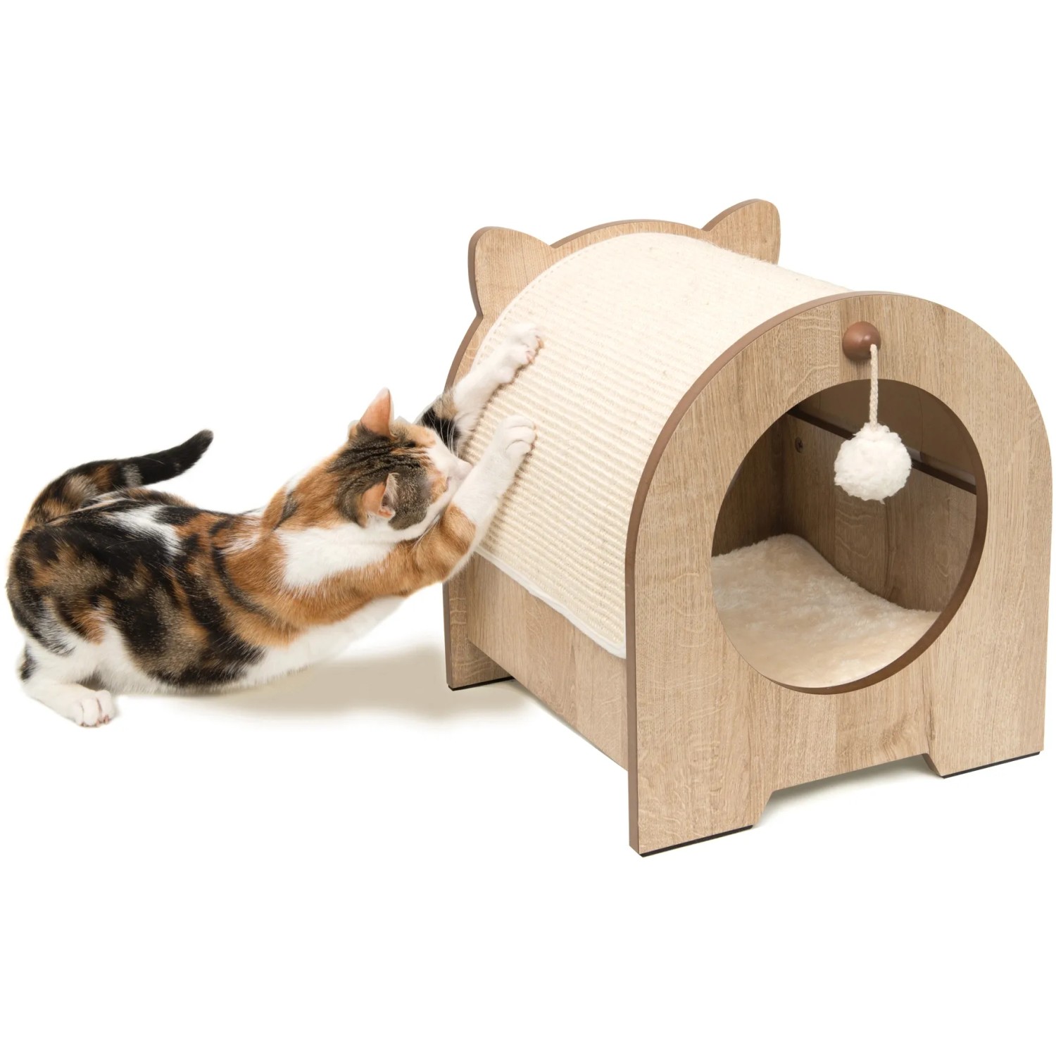 Katze kratzt an Vesper Katzenhöhle Minou in Eichenoptik mit Kratzmatte und Kissen.