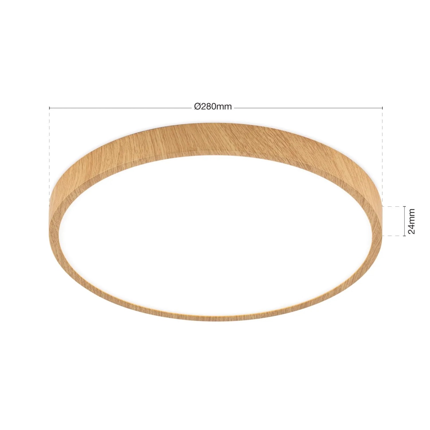 Flache LED Deckenleuchte Orion, Ø 28cm, Holzoptik, warmweißes Licht für Wohnräume.