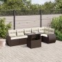 Braune 7-tlg vidaXL Garten-Sofagarnitur aus Poly Rattan mit cremefarbenen Kissen und Tisch.