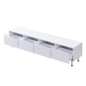Weißer TV-Schrank mit 4 geriffelten Schubladen und offenen Fächern, goldene Akzente an den Füßen. Modernes Lowboard.