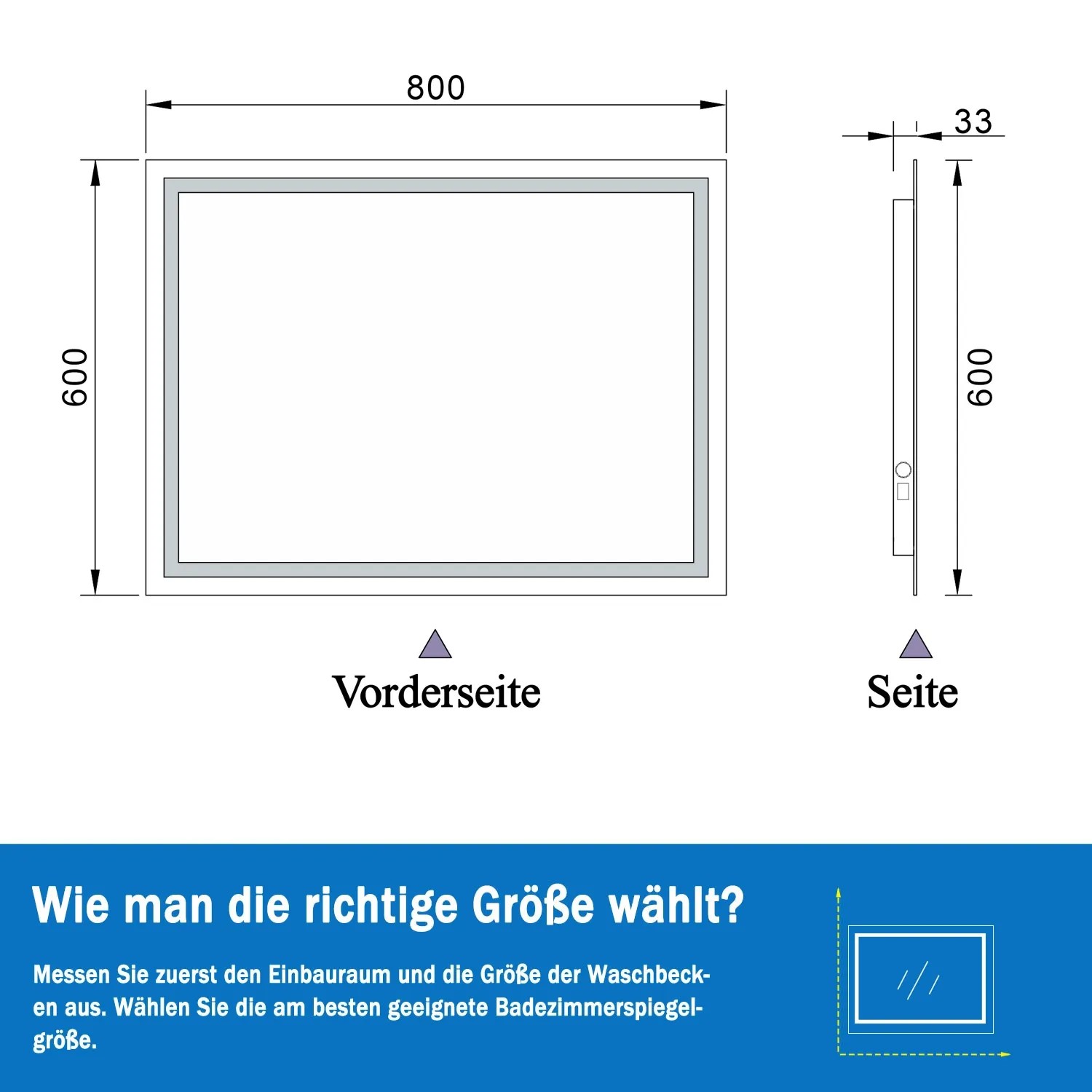 Technische Zeichnung: Aica Sanitär Badspiegel 80x60 cm mit LED Beleuchtung, Front- und Seitenansicht mit Maßen.