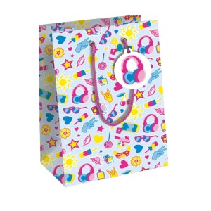 Bunte Clairefontaine Geschenktasche M Peps mit trendigen Freizeitmotiven, pinken Griffen und Kopfhörer-Anhänger.