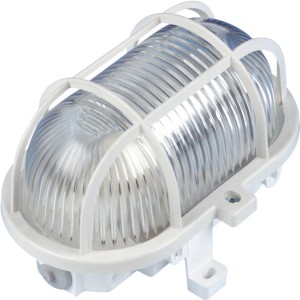 Weiße REV Ritter Kellerlampe aus Kunststoff, 60 W, mit Schutzkorb und Strukturglas.