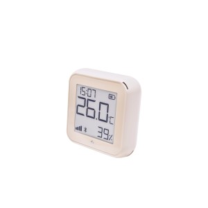 Shelly Temperatursensor Plus H&T G3 in Hellbeige zeigt Temperatur und Luftfeuchtigkeit an.