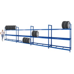 Blaues PROREGAL Reifenregal Tiger XL Set mit Reifen auf drei Ebenen. Ideal für Garage und Werkstatt.