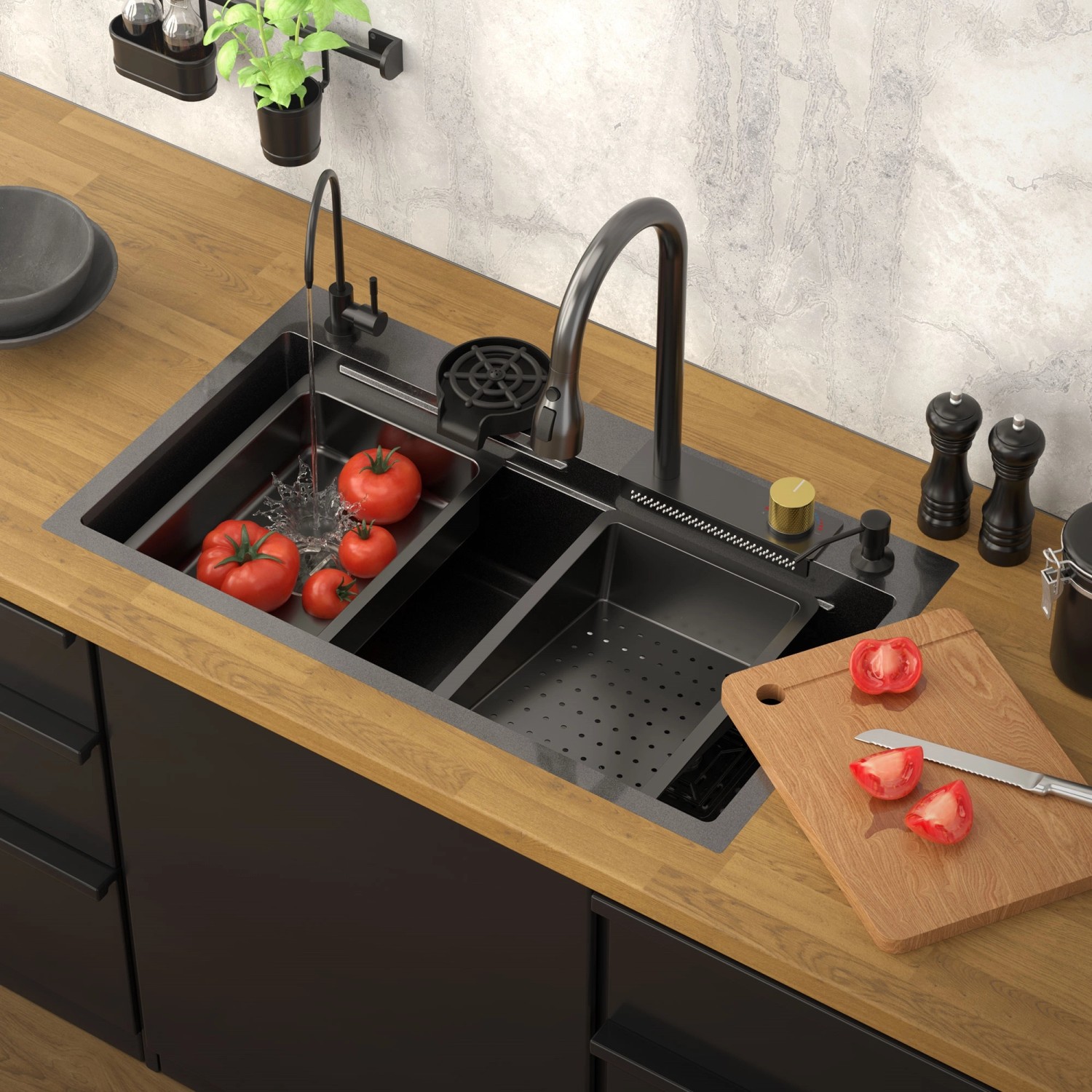 Anthrazitfarbene ML-Design Edelstahlspüle (80x46 cm) mit Zubehör und Wasserhahn mit Brause.