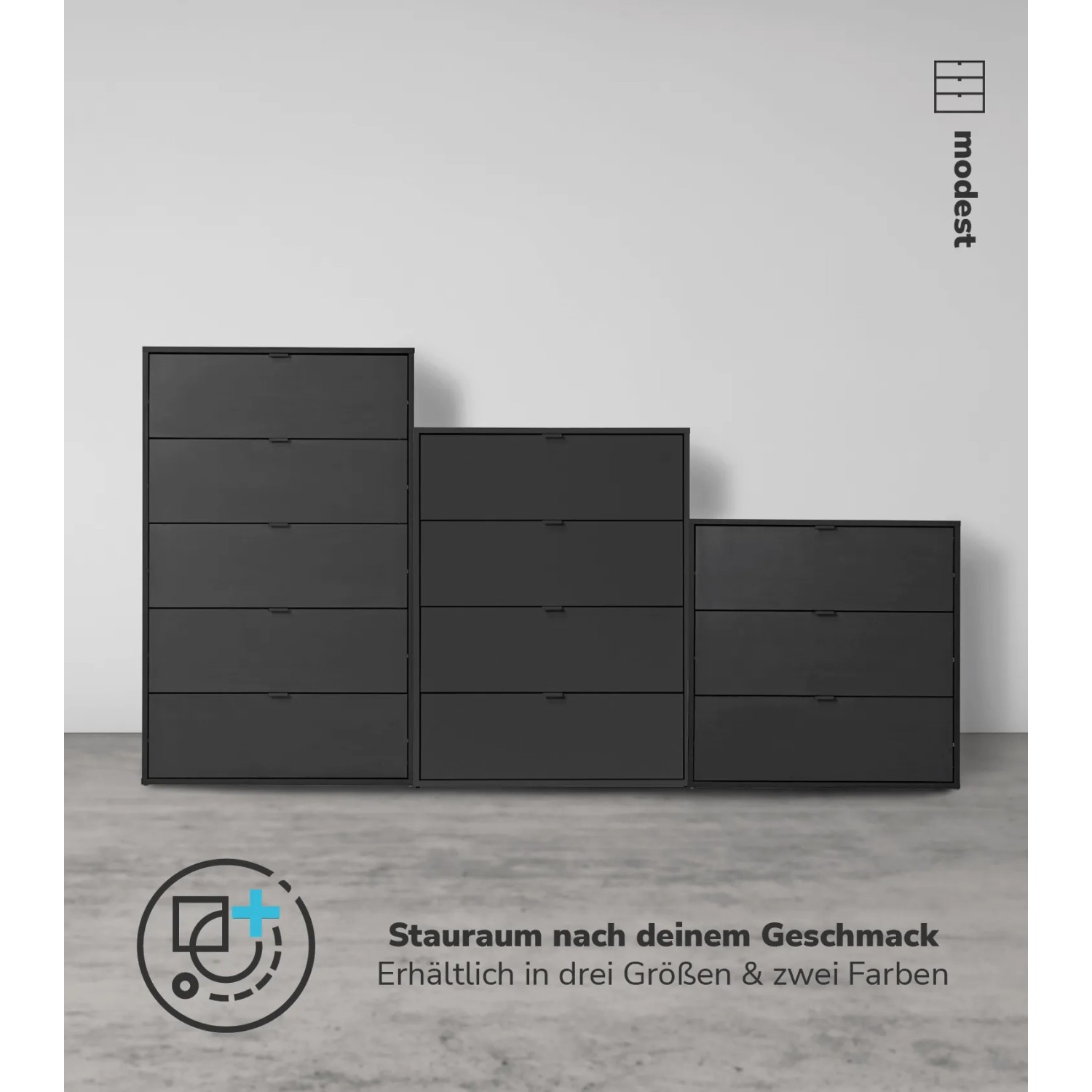 mokebo Kommoden in Anthrazit, verschiedene Größen mit 3, 4 und 5 Schubladen.