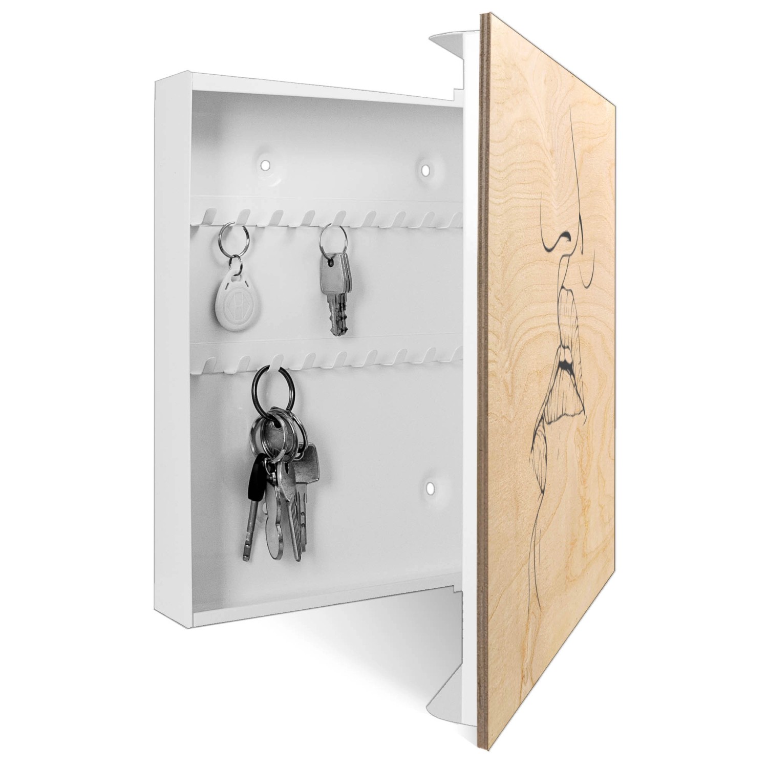 Weißer Schlüsselkasten aus Holz mit Lippen-Motiv, 30x30cm, 50 Haken für Garderobe.