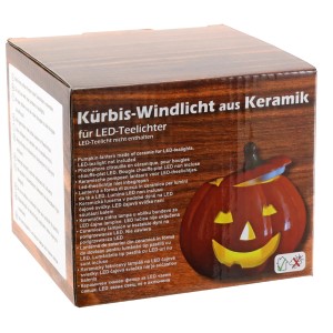 Deko Kürbis Windlicht mit Deckel, Ø 13cm, aus Keramik für Herbstdeko.