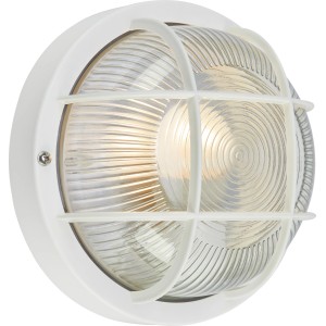 Weiße, runde Kellerleuchte mit Schutzkorb und Strukturglas, E27 max. 60W.