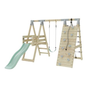 PolarPlay Klettergerüst Pinguin mintgrün mit Rutsche, Schaukel und Kletterwand.