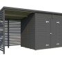 Palmako Gerätehaus Leif, 460x170 cm, dunkelgrau lackiert, mit Doppeltür und offenem Anbau für Holz oder Fahrräder.