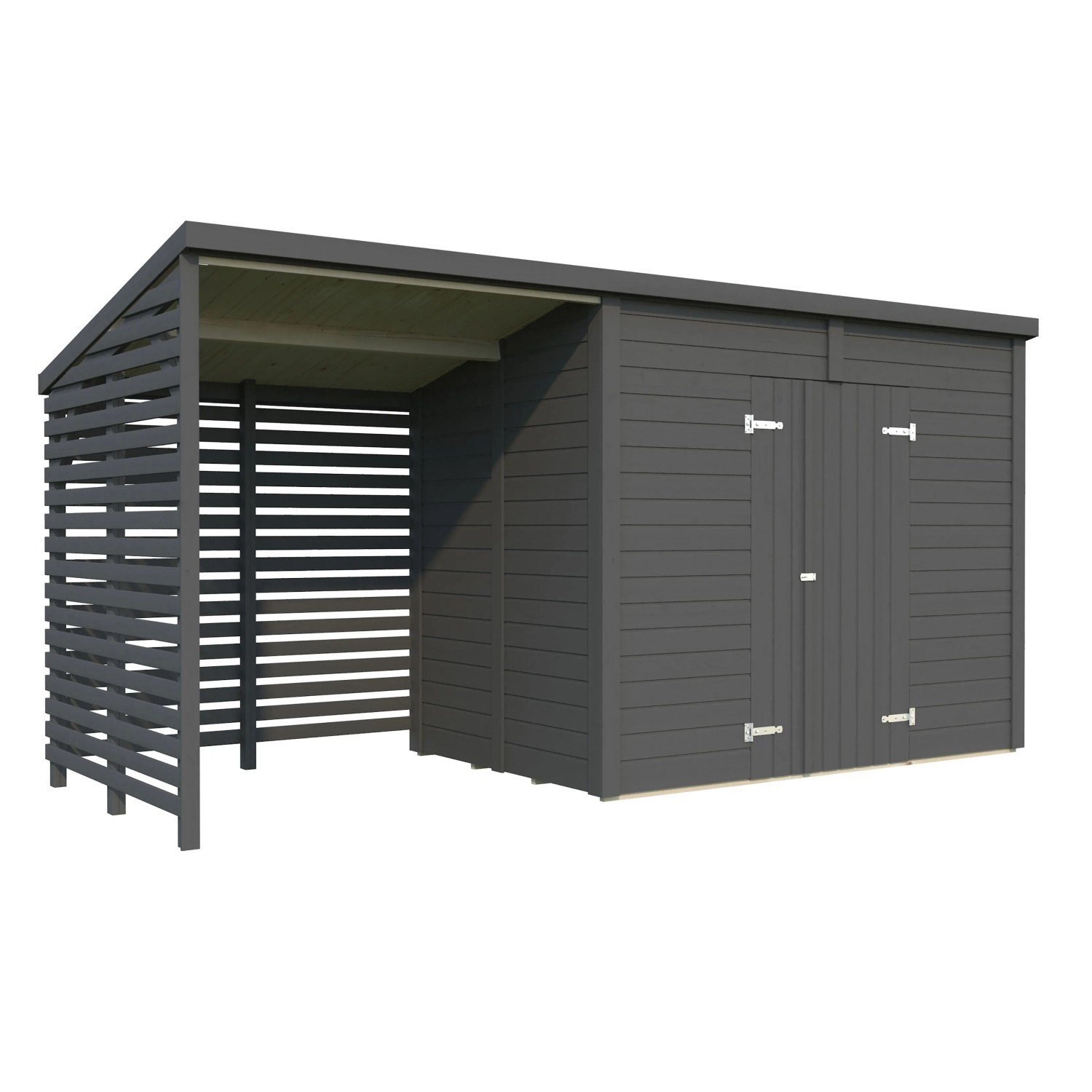 Palmako Gerätehaus Leif, 460x170 cm, dunkelgrau lackiert, mit Doppeltür und offenem Anbau für Holz oder Fahrräder.