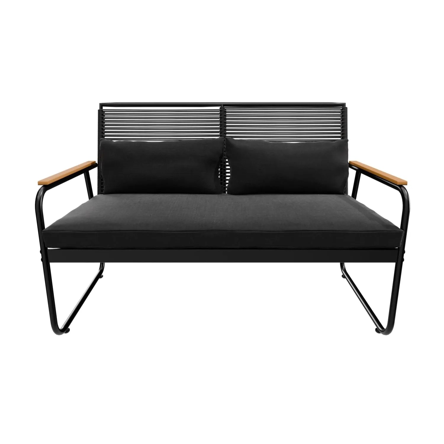 GARMIO Polyrattan Sitzbank, Teil des 4-tlg. Gartenmöbel Sets, mit schwarzen Polstern und Holzarmlehnen.