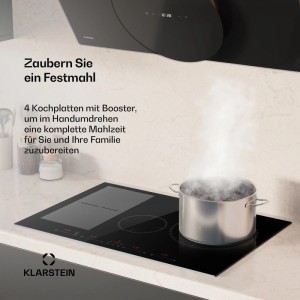 Schwarzes Klarstein Delicatessa 77 Hybrid Induktionskochfeld mit 4 Zonen in Küche. Topf kocht auf Glaskeramik-Oberfläche.