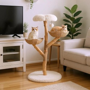 Costway Katzenmöbel Katzenbaum mit 1 & 2 Stämme Weiß & Natur 122 cm
