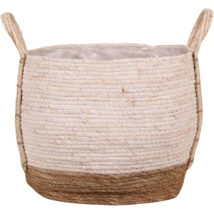 Weißer Korb mit Henkeln aus Stroh und Seegras, Ø 32 cm, ideal als Übertopf.