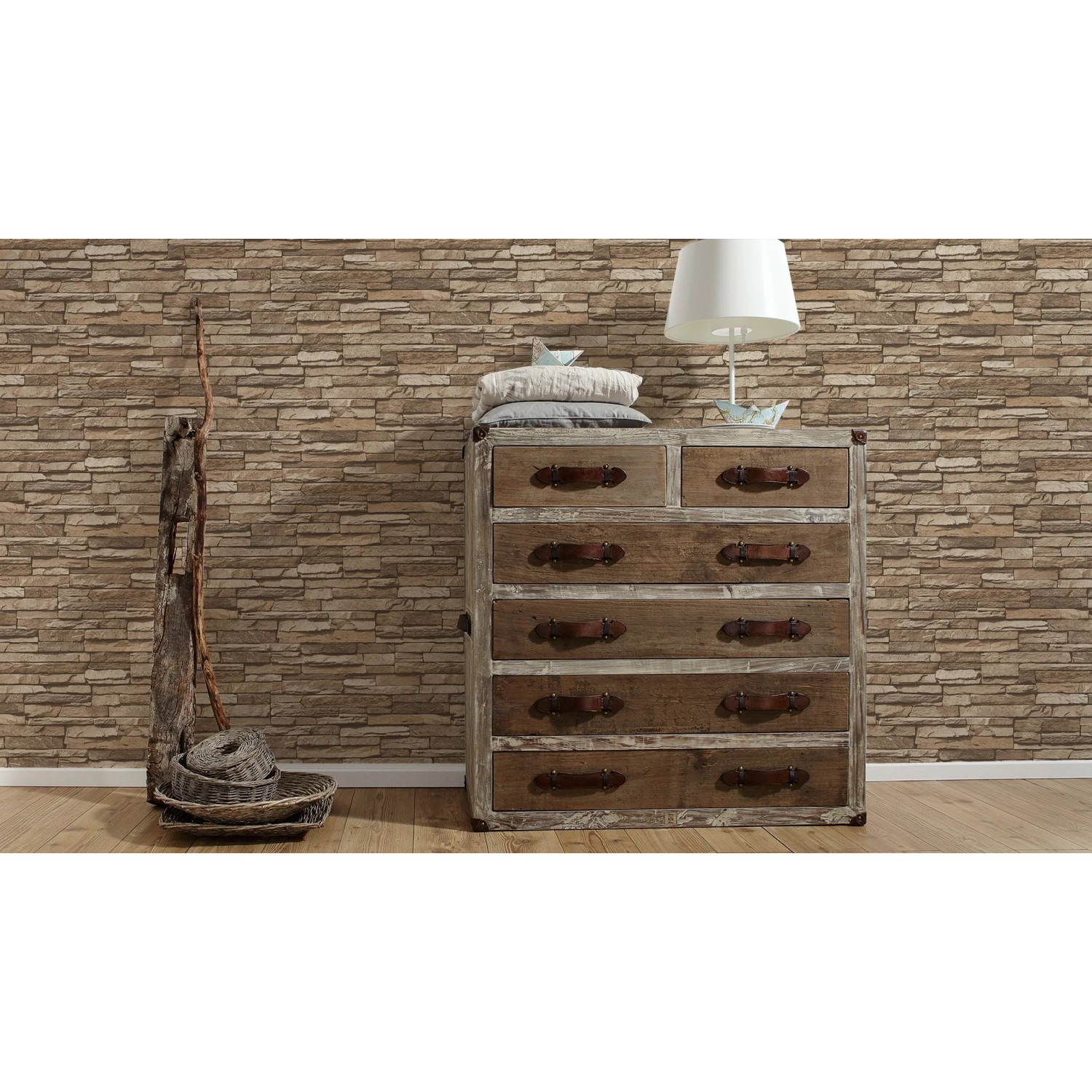 A.S. Creation Vliestapete Dekora Natur 6 Stein Braun an Wand hinter Kommode.