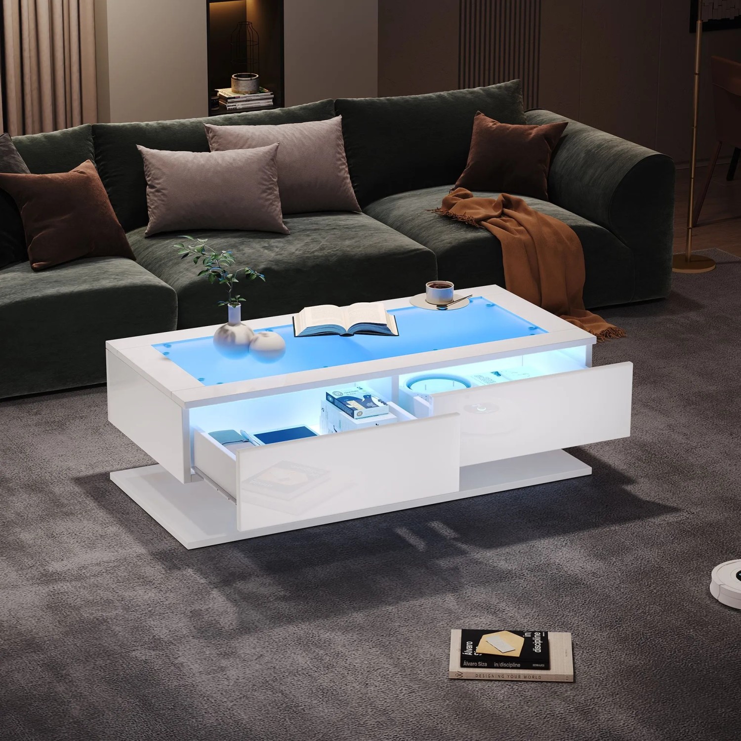 Merax Couchtisch Hochglanz Mit LED Glasplatte Schubladen Weiß