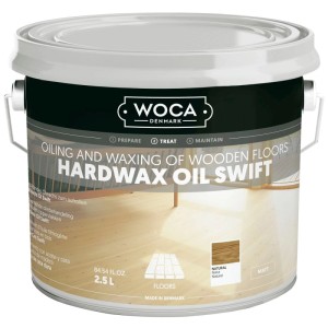 Woca Hartwachs Swift Matt Natur 2,5 L für Holzböden. Weißer Eimer mit schwarzem Etikett.
