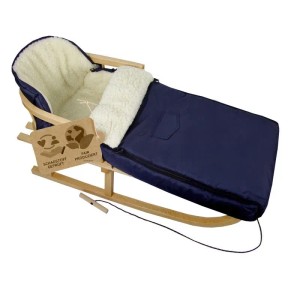 Holzschlitten mit Rückenlehne und marineblauem Winterfußsack aus Lammwolle, 108 cm, für Kinderwagen und Buggy.