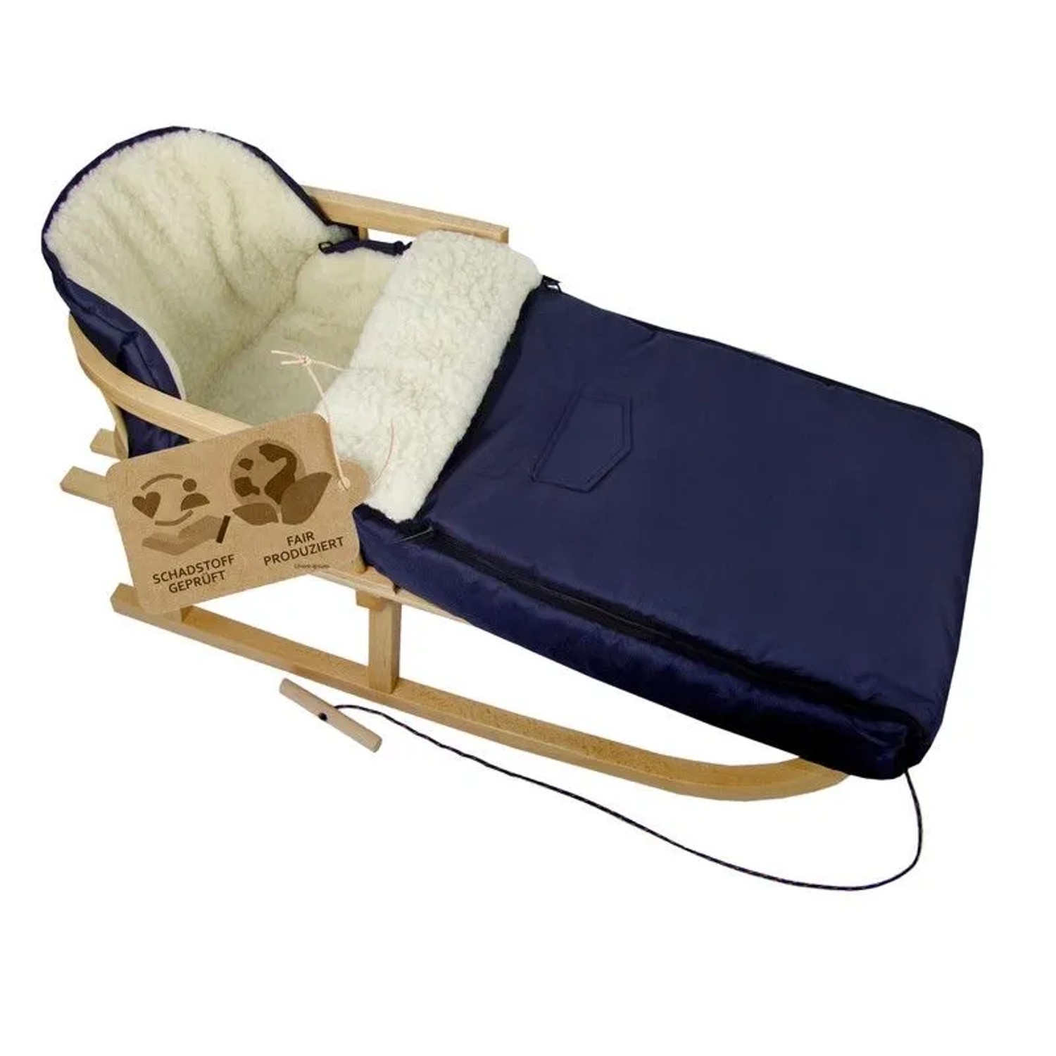 Bambiniwelt by Rafael K. Holzschlitten mit Rückenlehne und Winterfußsack 108cm Lammwolle Wasserabweisend Kombi-Set für Kinderwagen Buggy Marine