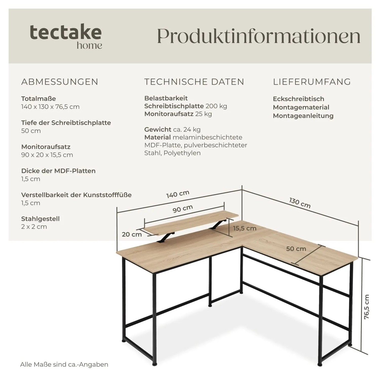 Tectake Eckschreibtisch Melrose im Industrial Style mit Monitoraufsatz, Holz Sonoma Eiche und Stahl.