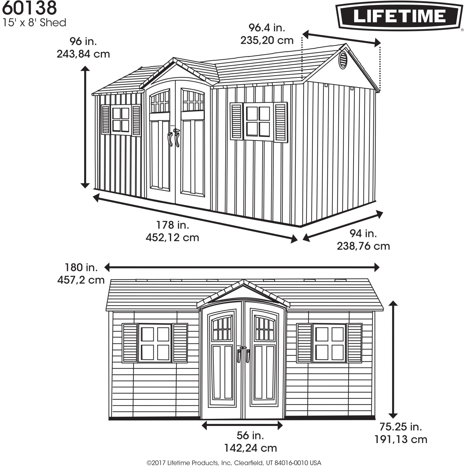 Skizze Lifetime Gerätehaus Castle, 11,15 m², Abmessungen und Details.