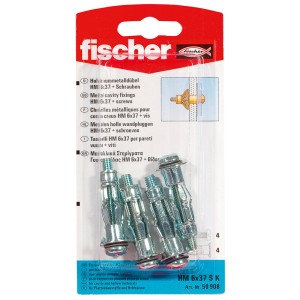 Fischer Hohlraumdübel HM 6x37 mit Schrauben, 4 Stück, für sichere Befestigungen in Hohlräumen.