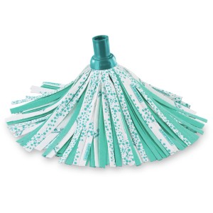 Leifheit Ersatzkopf Classic Mop Viscose Plus für Reinigungsgeräte, Viskose-Streifen in Weiß und Türkis.