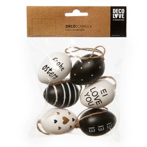 Brauns-Heitmann Behang-Eier, 6 Deko-Eier in Schwarz-Weiß mit verschiedenen Mustern, ca. 6 cm groß.