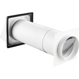 Teleskop-Mauerkasten Ø 125 mm mit Edelstahl-Ablufthaube für Mauerlüfter.