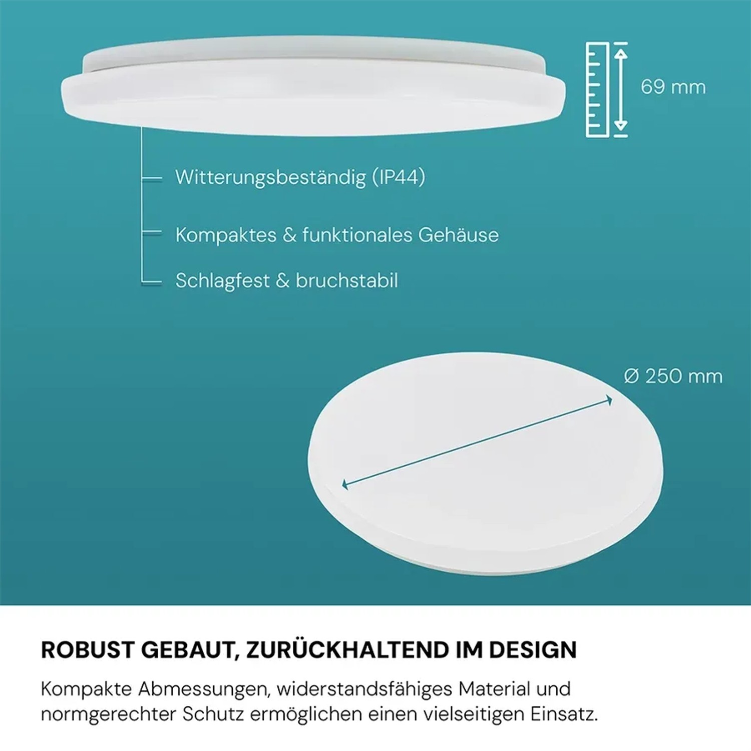 Weiße, runde LUXULA LED-Deckenleuchte, 12W, 3000K, IP44, geeignet für Badezimmer.