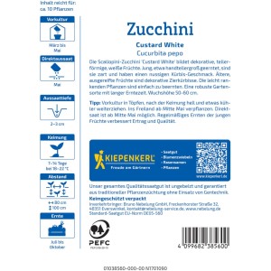 Kiepenkerl Saatgut Zucchini Custard White, Packung mit Infos zu Anbau und Ernte.