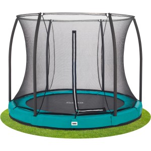 Grünes Salta Comfort Edition Bodentrampolin ø 305 cm mit Sicherheitsnetz im Garten.