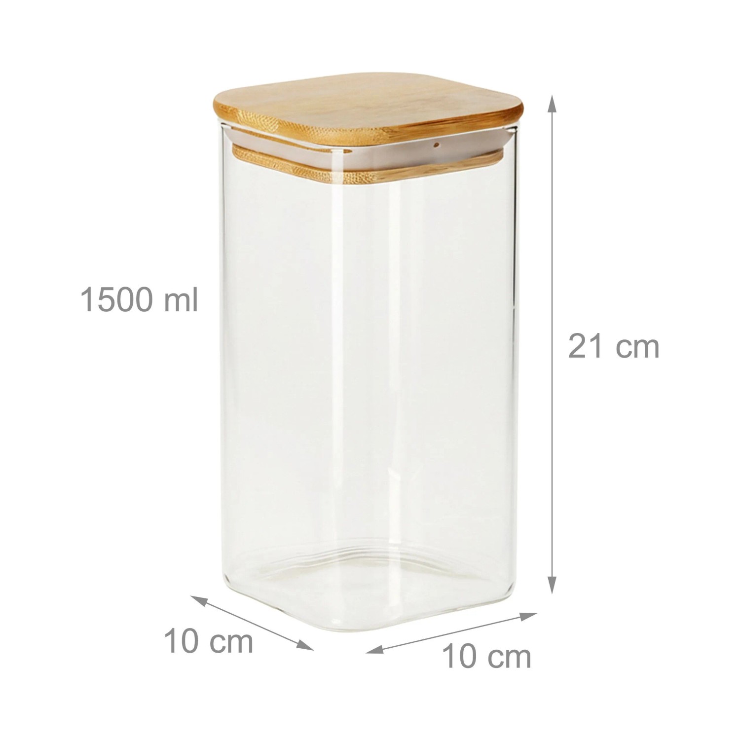 Transparentes Vorratsglas mit quadratischem Bambusdeckel für luftdichte Aufbewahrung. Teil eines 3er Sets für Küche & Ordnung.