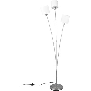 Moderne Reality Stehleuchte Tommy, Nickel matt, mit drei weißen Lampenschirmen. Design-Stehlampe für Wohnräume.