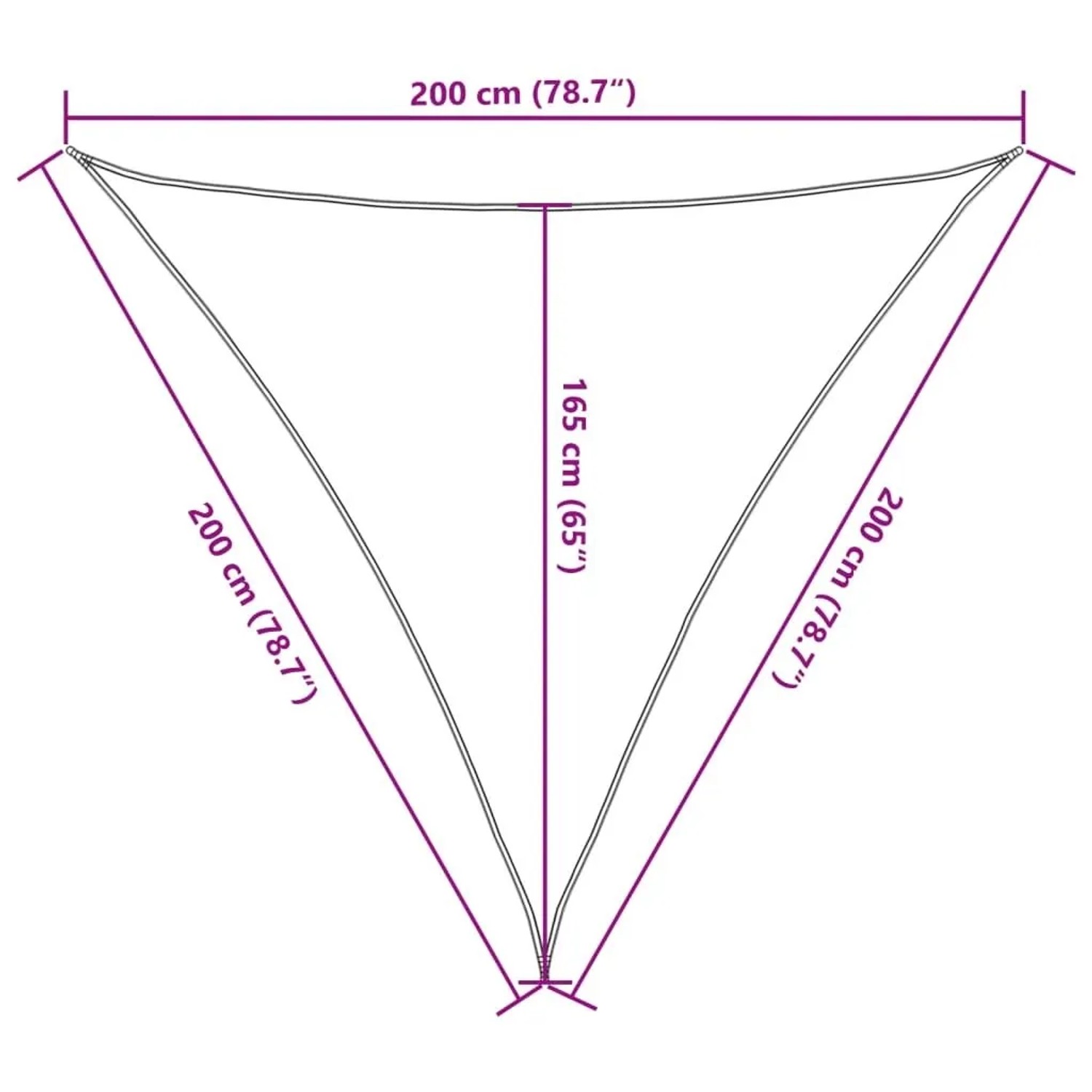 Grafik eines dreieckigen, cremefarbenen Sonnensegels mit Maßangaben.