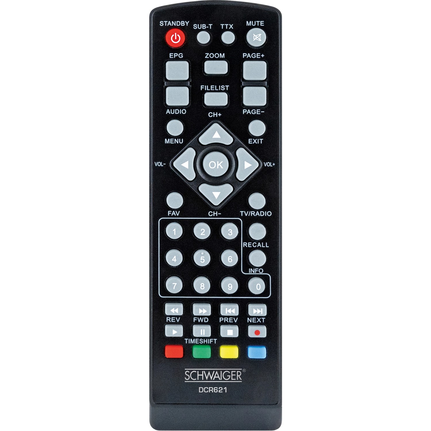 Schwaiger Receiver Fernbedienung DVB-C Full HD, Nahaufnahme der Tasten.