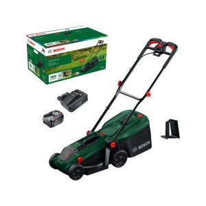 Bosch Akku-Rasenmäher Rotak 18V-32 mit Akku, Ladegerät und Verpackung. Ideal für kleine Gärten.
